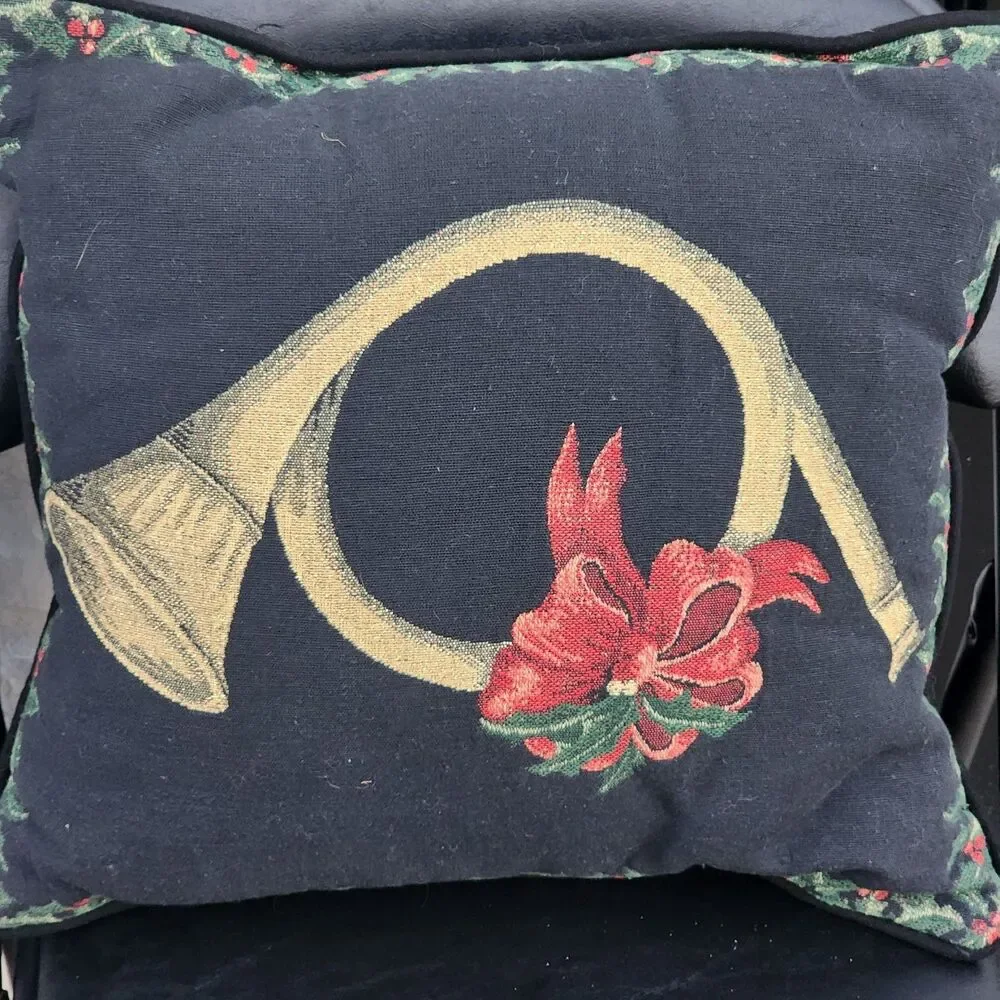 VTG Christmas French Horn Tapestry Throw Pillow Woven Holly Berry Red Bow Accent
